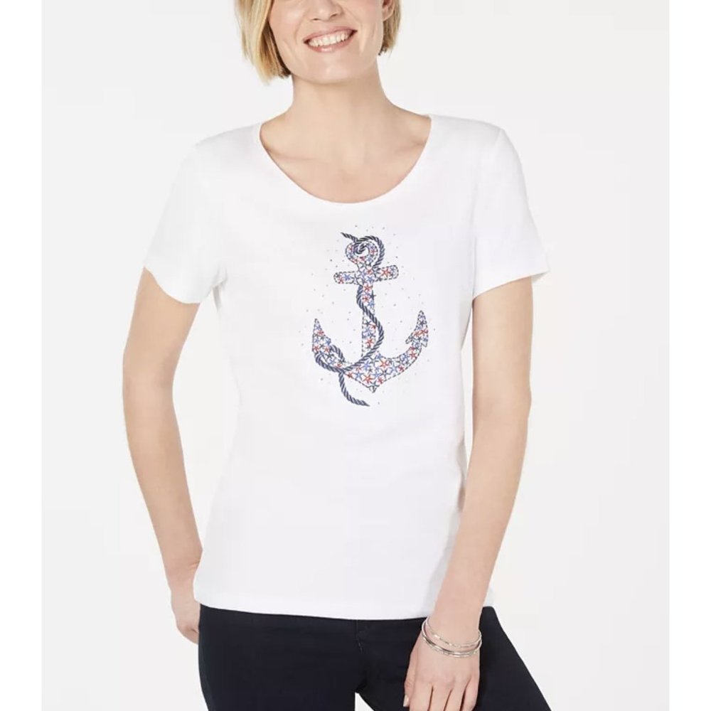 Karen Scott white floral embellished anchor graphic stretch top XL